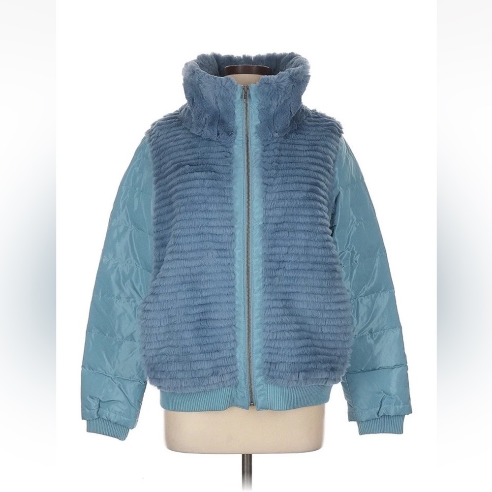 Glamourpuss NYC Womens Real Fur Coat Jacket Puffer Size Large Blue Zip Up